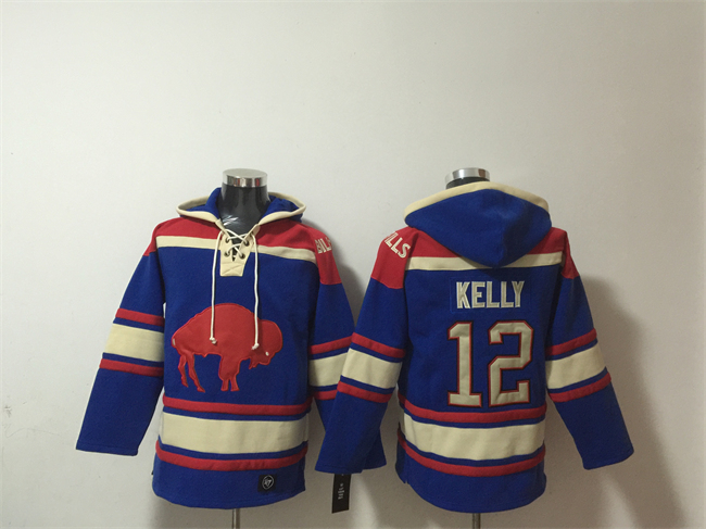 Men's Buffalo Bills #12 Jim Kelly Royal Ageless Must-Have Lace-Up Pullover Hoodie